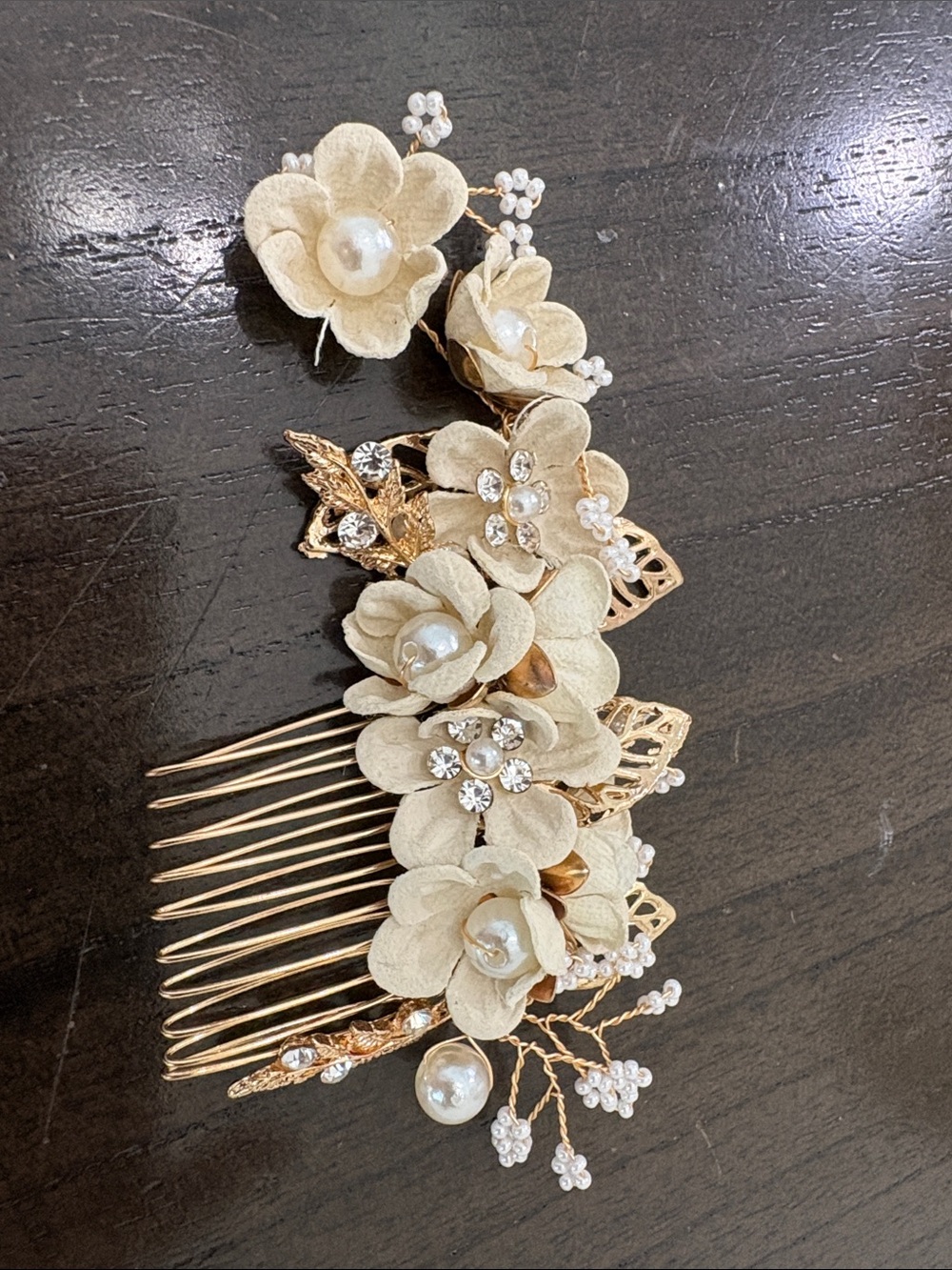 Gold Floral Pearl Hair Comb - Elegant Ivory Flower Bridal Accessory